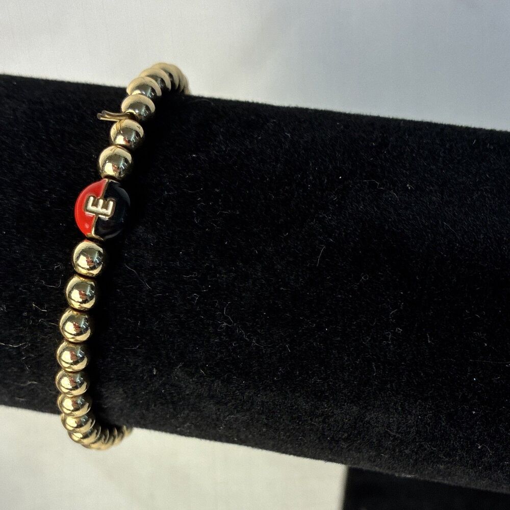 ￼ Beaded Stretch Bracelet With E Charm, Gold Tone Disney